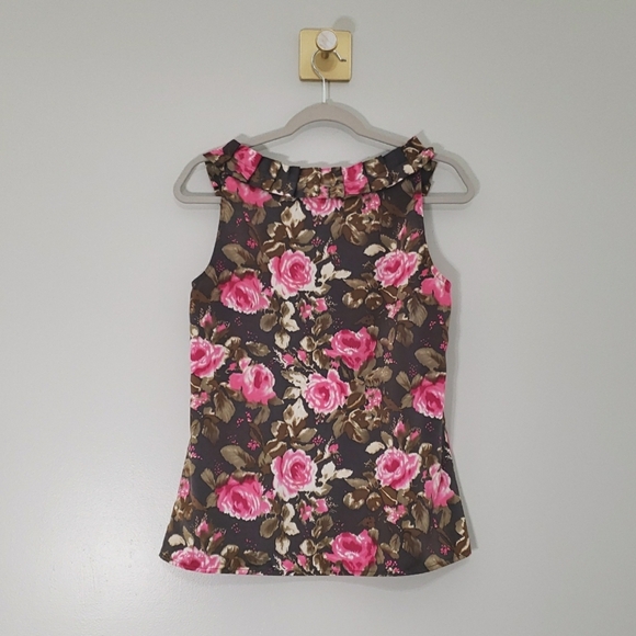 LOFT Sleeveless Floral Top Small Pink Brown Satin Ruffle Y2K Office Career Work - Picture 4 of 10